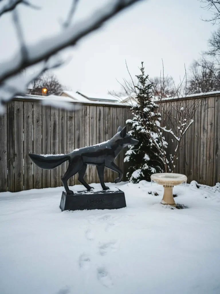 A powder coated metal statue standing in a snowy garden, demonstrating weather resistant decor suited to harsh winters.