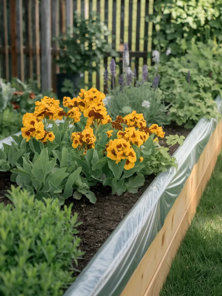 A raised garden bed showing a plastic liner along the interior wood walls, protecting the frame from direct soil contact.