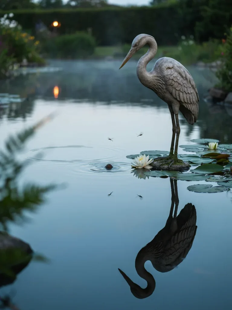 A realistic heron statue standing at the edge of a garden pond, reflected in the water for added visual impact.
