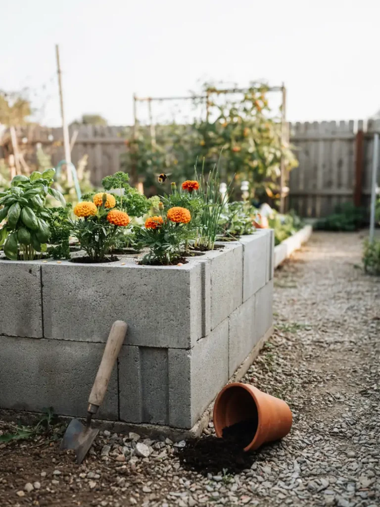 A rectangular raised bed built from stacked cinder blocks, with small marigolds and herbs growing directly in the hollow centers of the blocks.]