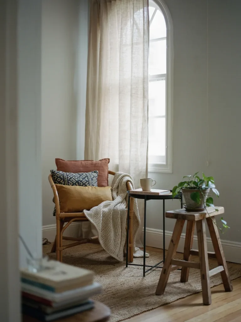  A relaxed seating area combining a wicker chair, a metal side table, and a reclaimed wood stool with mismatched cushions]