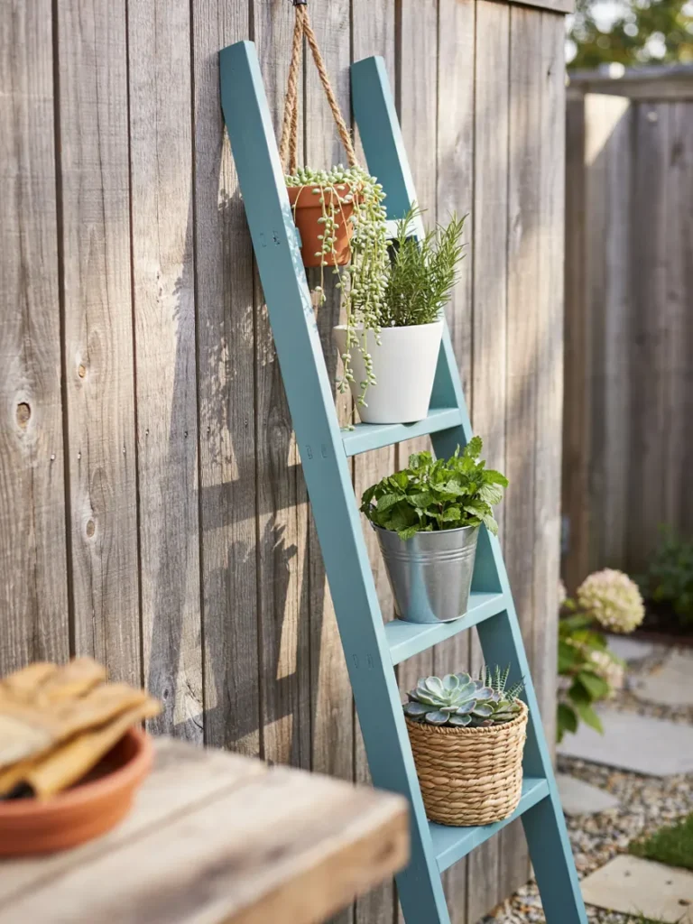 A repainted wooden ladder leaning against a fence, displaying several small hanging planters