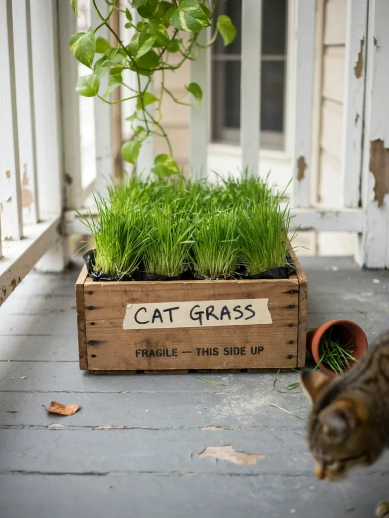 A repurposed wooden crate turned into a small planter box filled with cat grass, sitting on a porch step, showing a low cost DIY approach