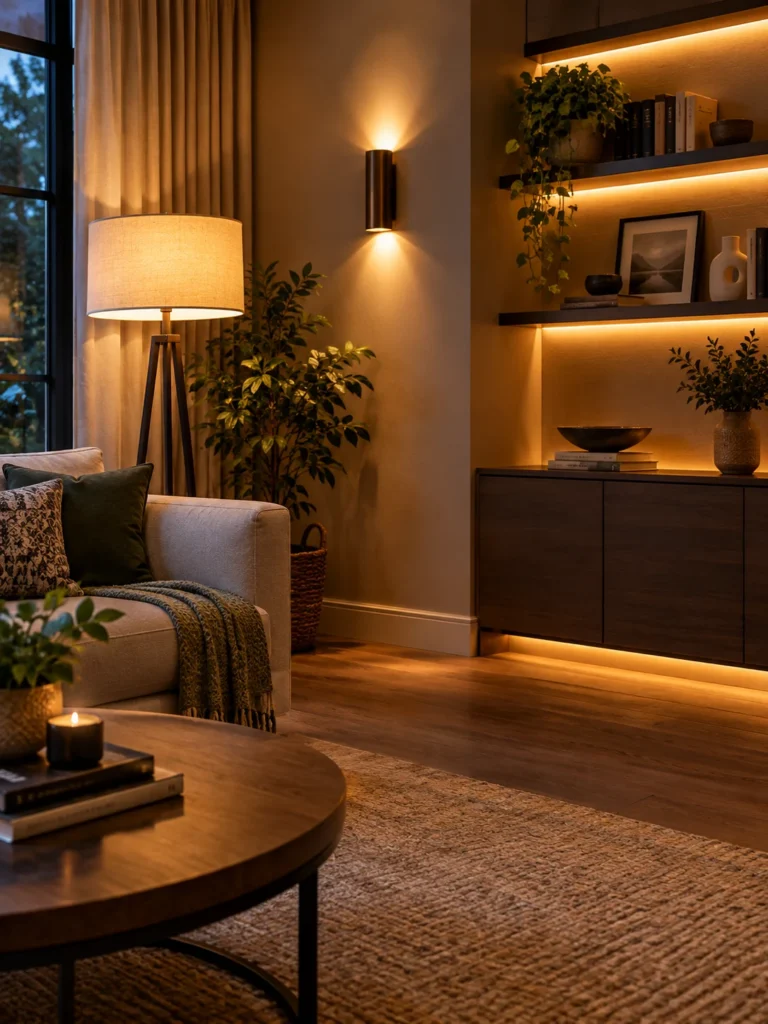 A room shown with layered lighting sources, including a floor lamp