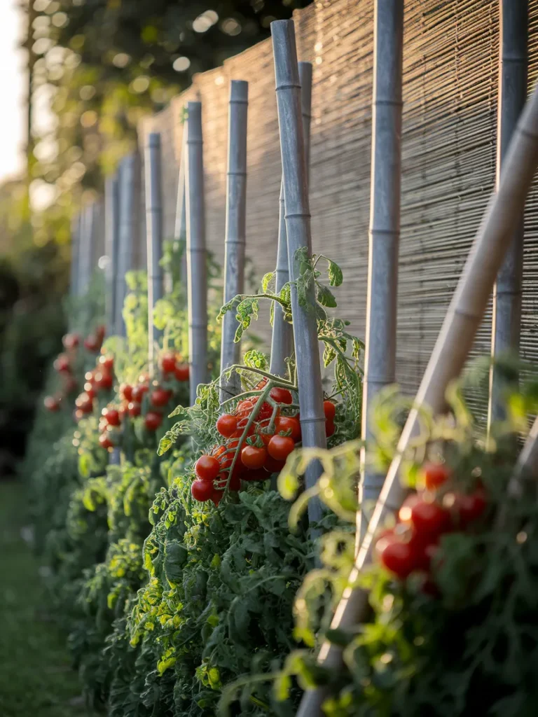 A row of bamboo stakes supporting climbing bean or tomato plants, alongside a section of bamboo screening fence in the background.