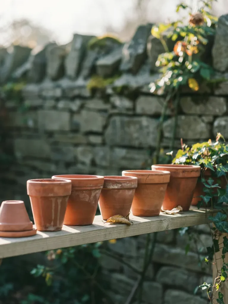 A row of classic terra cotta pots in varying sizes on a garden shelf, showing the natural clay color and slight texture variation between pieces.