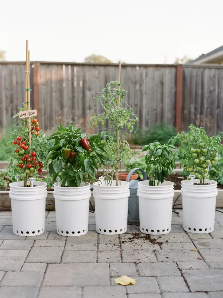 A row of five gallon buckets lined up on a small patio, each planted with a single tomato or pepper plant, showing a compact bucket gardening setup