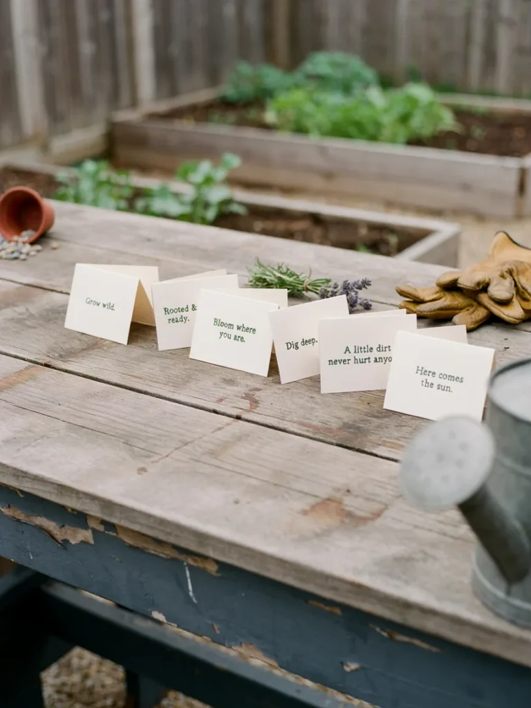 A row of small, playful greeting cards each printed with a single short gardening one liner, laid out on a wooden potting bench.