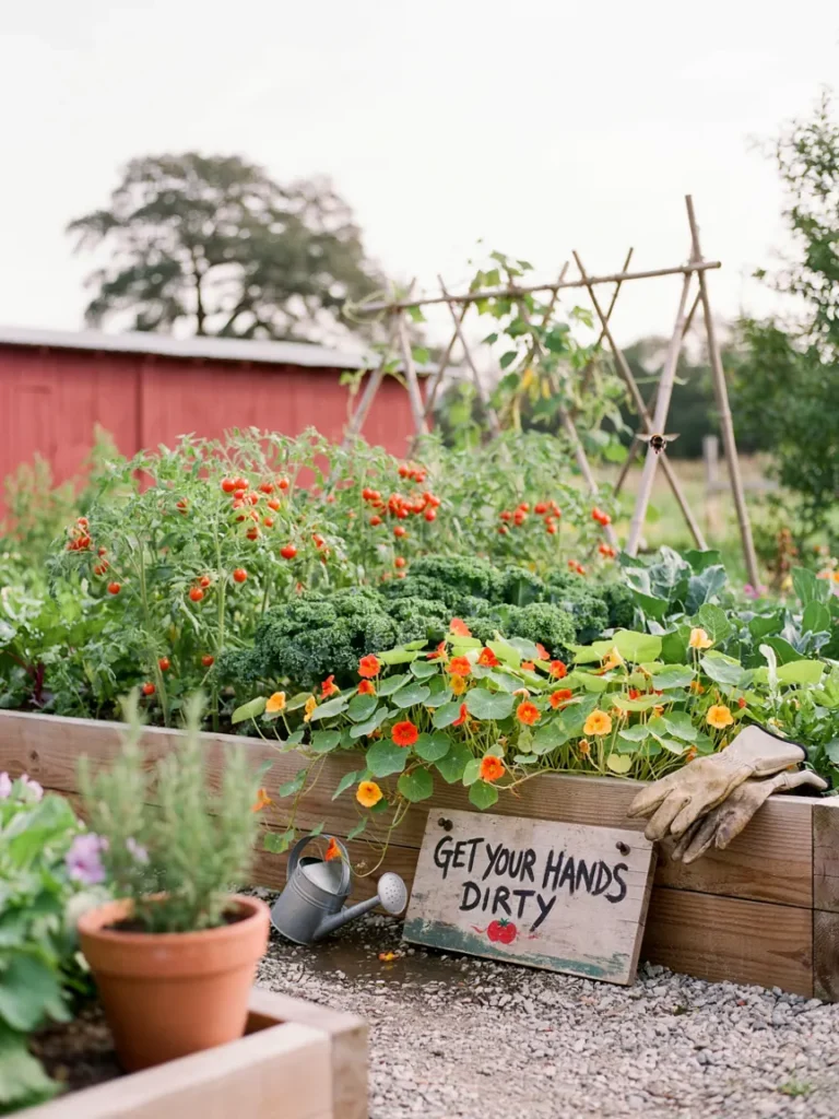 A rustic garden sign with a mildly cheeky double entendre phrase, such as "Get Your Hands Dirty," displayed near a raised garden bed
