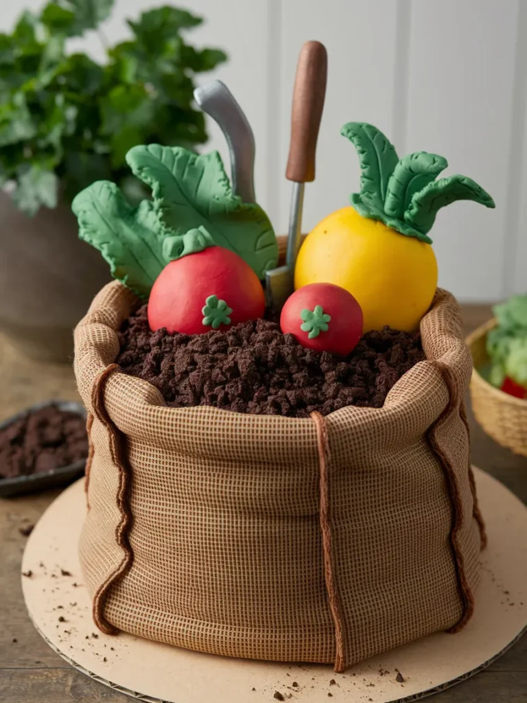 A rustic gardening themed birthday cake styled to look like a bag of soil with chocolate crumble texture, fondant vegetables, and a small tool topper.
