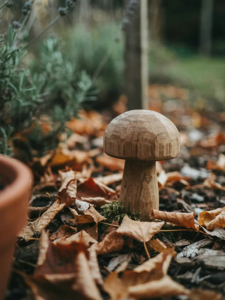 A rustic hand carved wooden mushroom with visible grain, placed among leaf litter in a cottage garden bed.