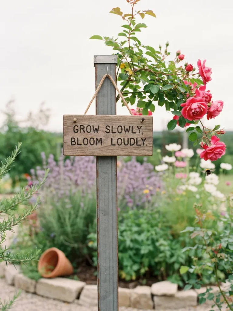 A rustic wooden plaque engraved with a short gardening quote, mounted on a fence post beside a flowering vine.