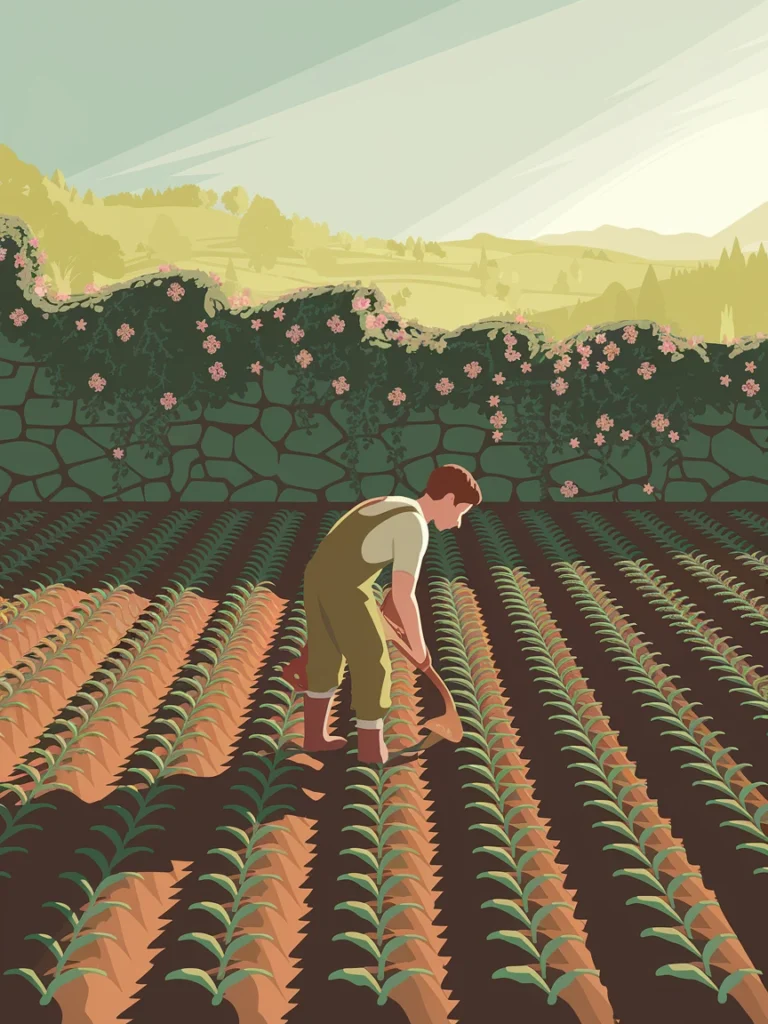 A screenshot style illustration of a player character planting seeds in rows within a colorful virtual farm plot