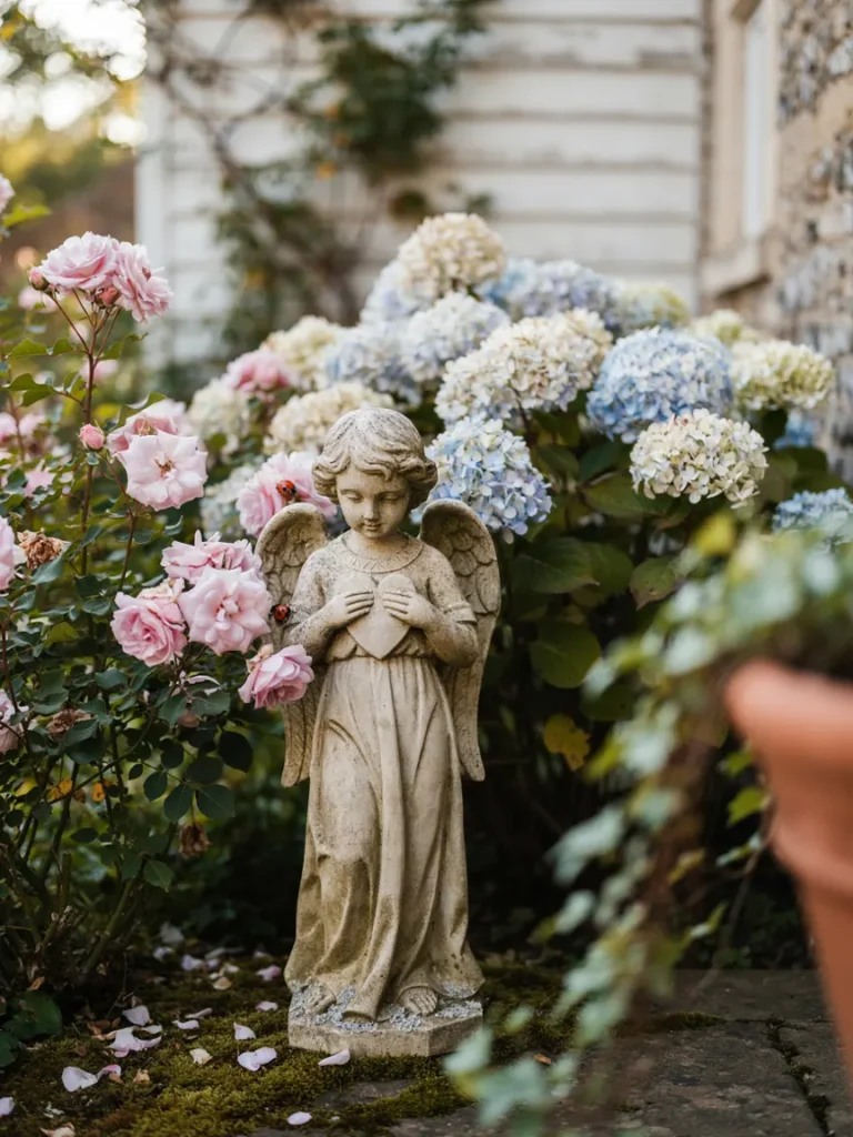 A serene photo of a stone or resin gardening angel statue placed among soft flowering plants like roses or hydrangeas, gentle lighting to convey a peaceful, sentimental tone.