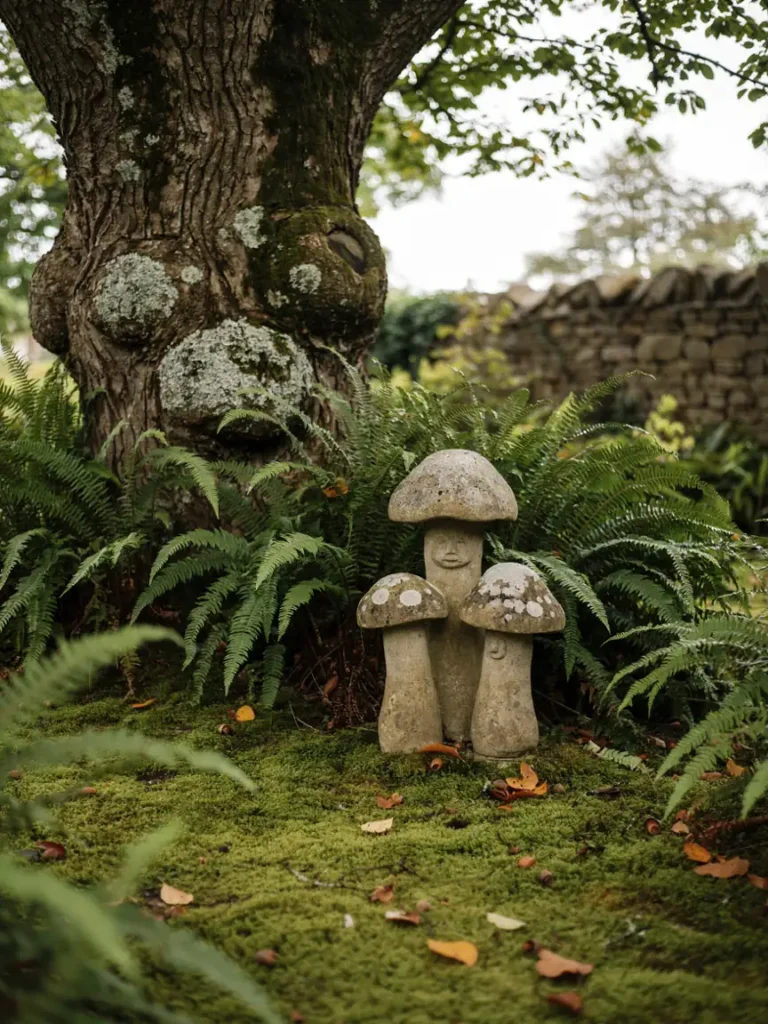 A shaded garden corner beneath a large tree with mushroom statues placed naturally among ferns and moss.