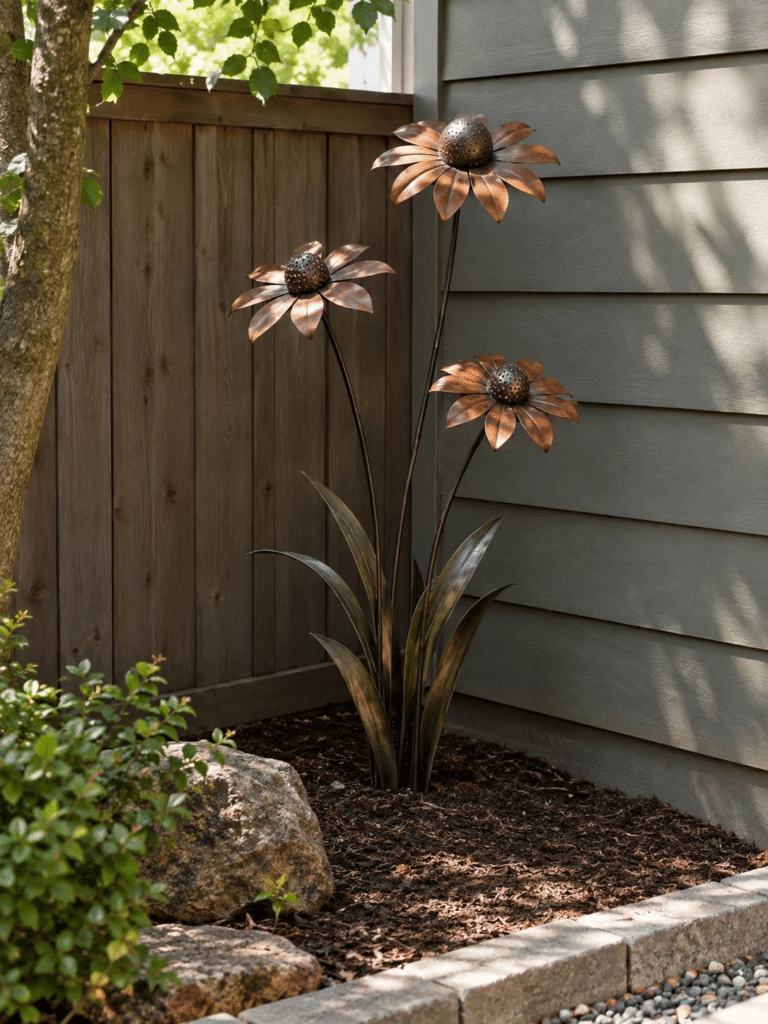 A shaded, sparse corner of a yard transformed with a cluster of metal flowers or a small sculpture