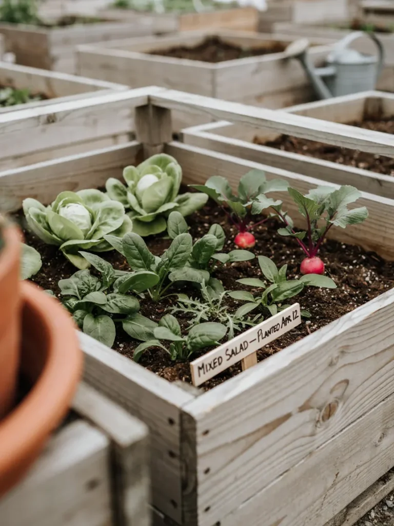 A shallow container or pallet pocket filled with a mix of lettuce, radishes, and spinach in various growth stages.]