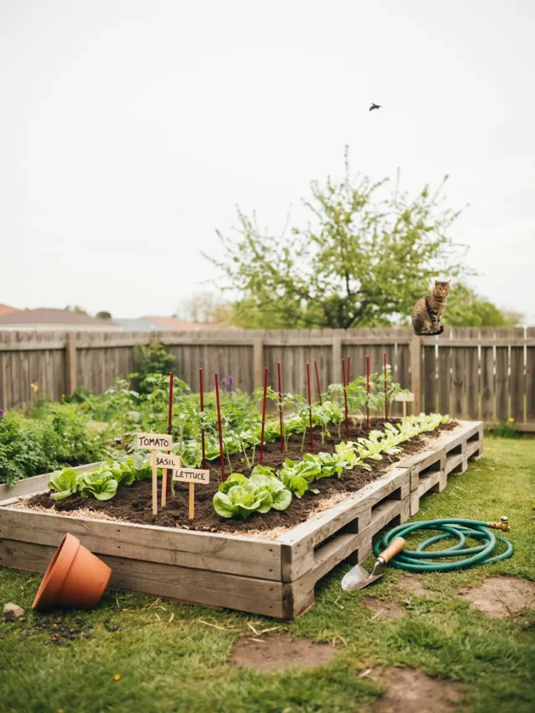 A shallow raised bed built from flat wooden pallets, filled with soil and planted with young vegetable seedlings in neat rows