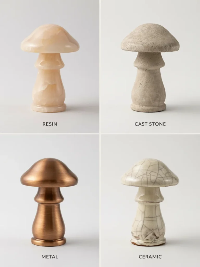 A side by side comparison layout showing four mushroom statues, one in resin, one in cast stone, one in metal, and one in ceramic, to highlight differences in texture and finish.