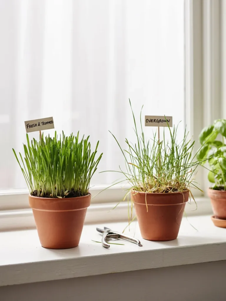 A side by side comparison of a fresh, trimmed pot of cat grass next to an overgrown, leggy pot, showing the difference regular maintenance makes