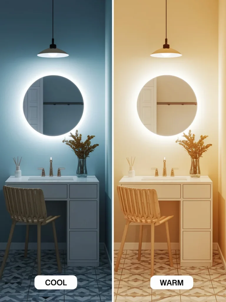 Comparison of cool and warm bulbs in an apartment bathroom vanity.