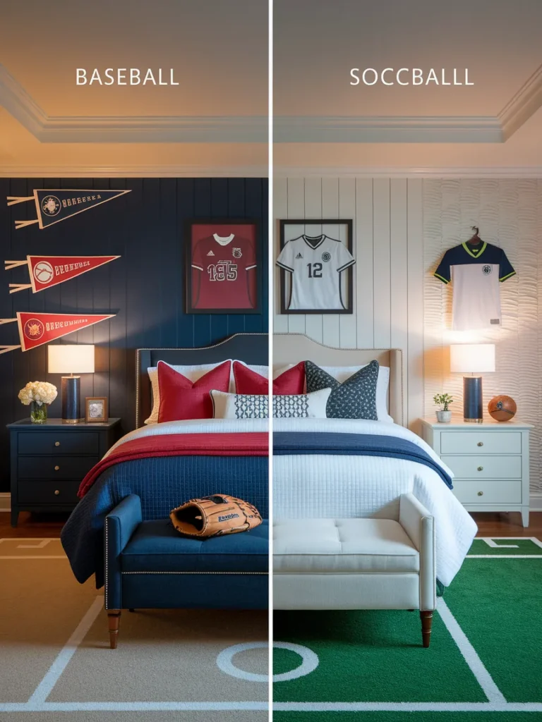 Comparison of baseball bedroom decor and modern soccer bedroom decor side by side.