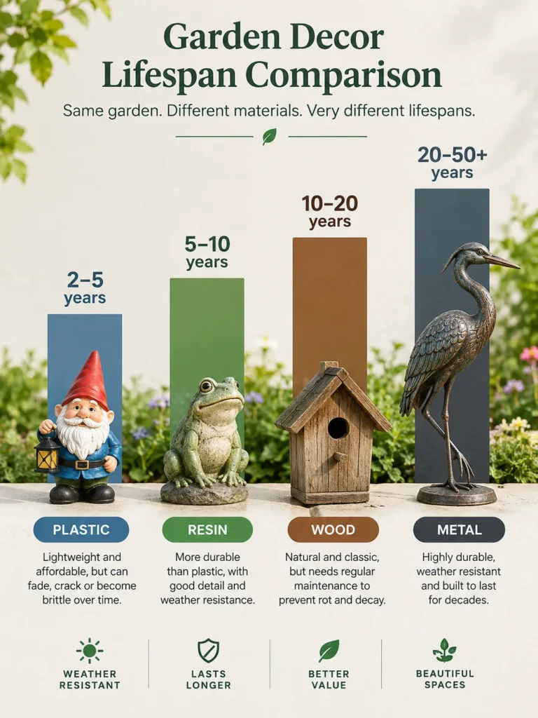 A simple bar style comparison graphic showing estimated lifespan in years for plastic, resin, wood, and metal garden decor