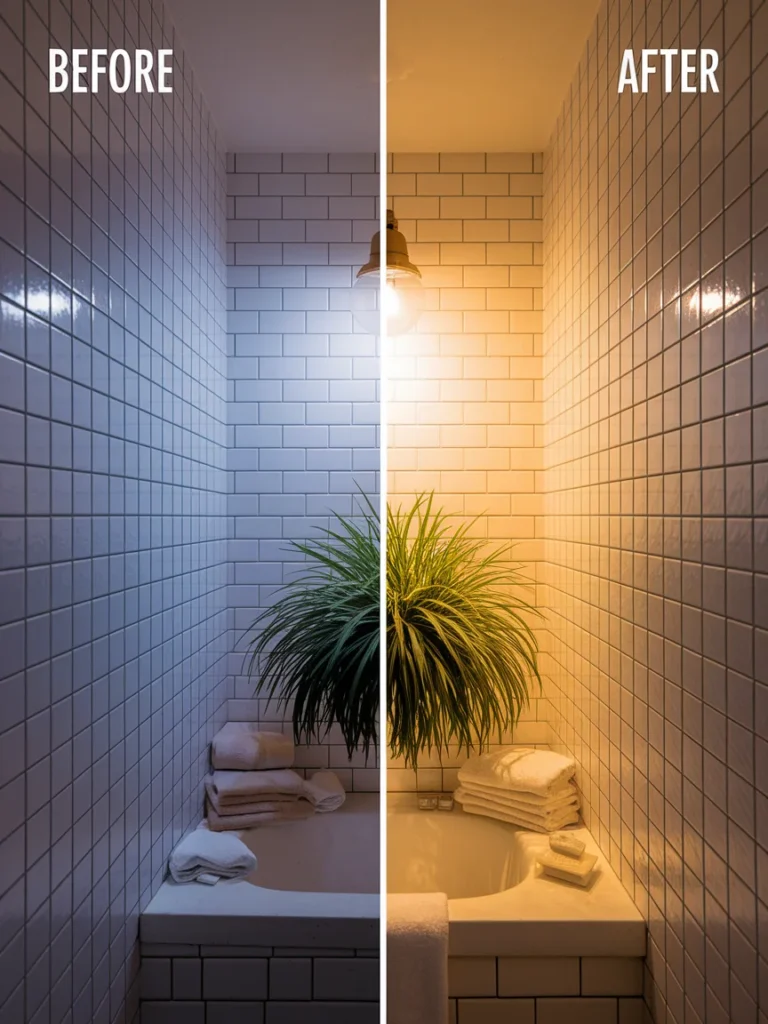 Before and after apartment bathroom decor makeover in a small rental bathroom