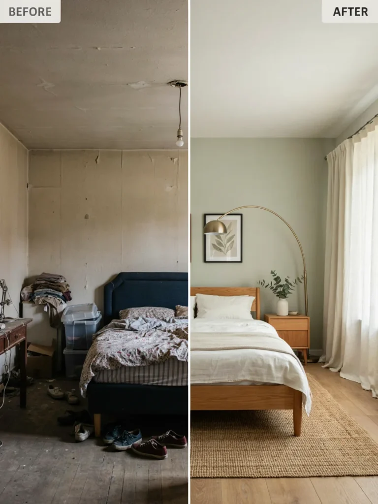 A simple before and after style graphic or split image showing a cluttered, mismatched dark room versus a clean, cohesive one.