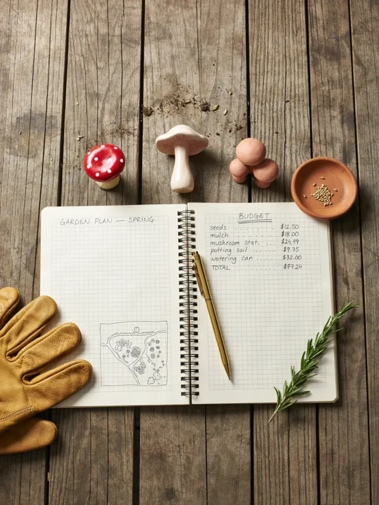A simple flat lay of a garden planning notebook with a budget outline beside a few small mushroom statue options.