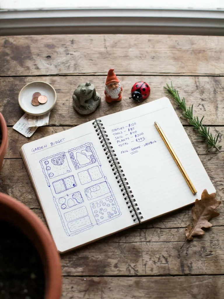 A simple flat lay of a notebook with a garden budget sketch alongside a few small statue options, suggesting planning before purchase.