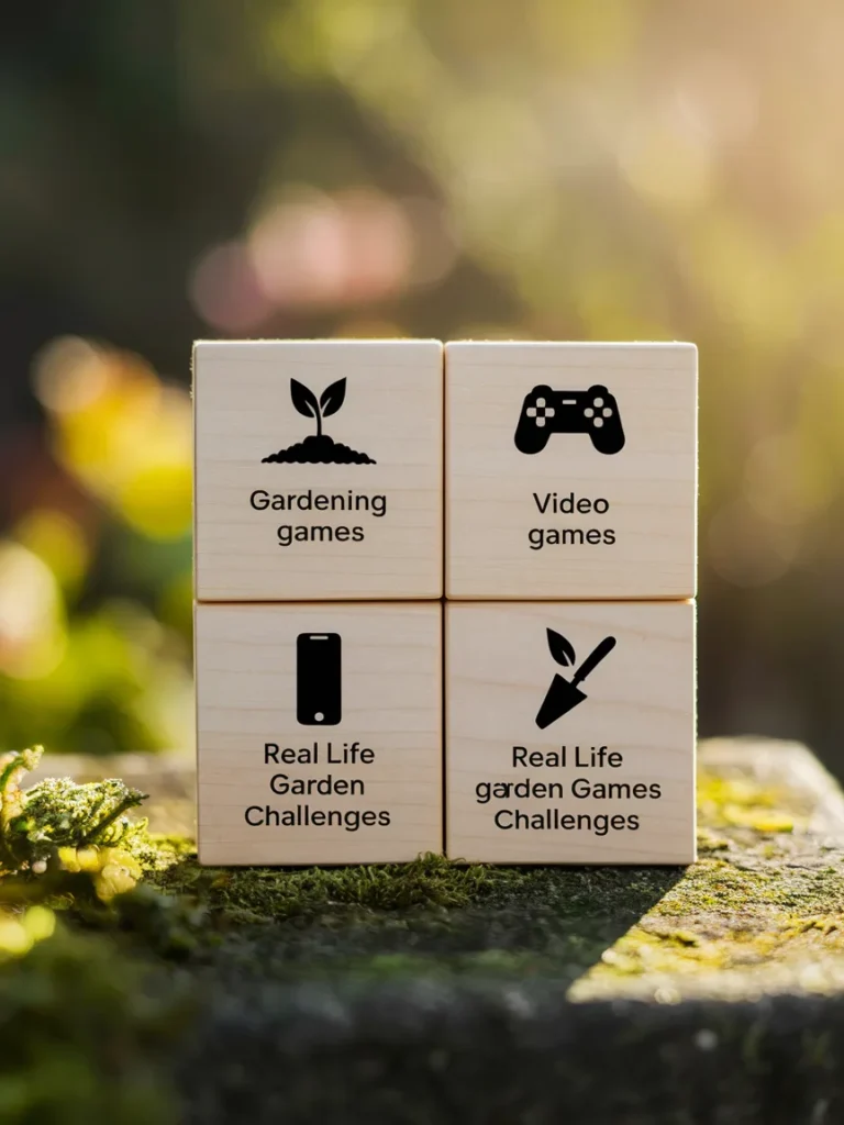 A simple labeled diagram or grid showing the four categories of gardening games, video games, mobile games, printable games, and real life garden challenges, each with a small icon.