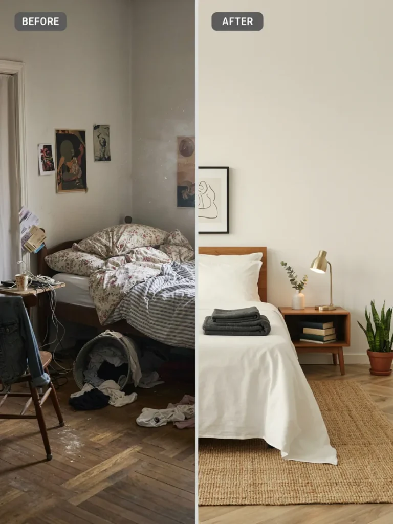 A simple side by side graphic showing a cluttered, mismatched room compared to a clean, well organized urban bedroom setup