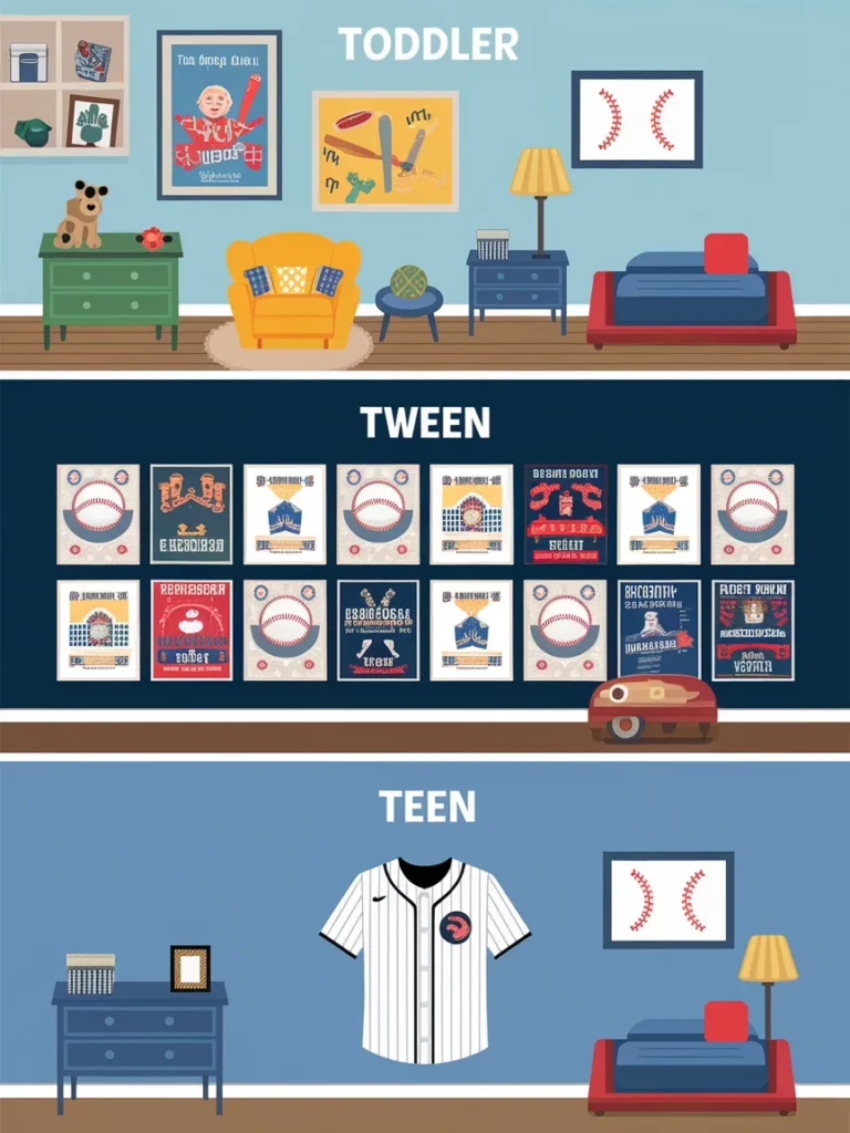 Three baseball bedroom decor ideas by age for toddlers, tweens, and teens.