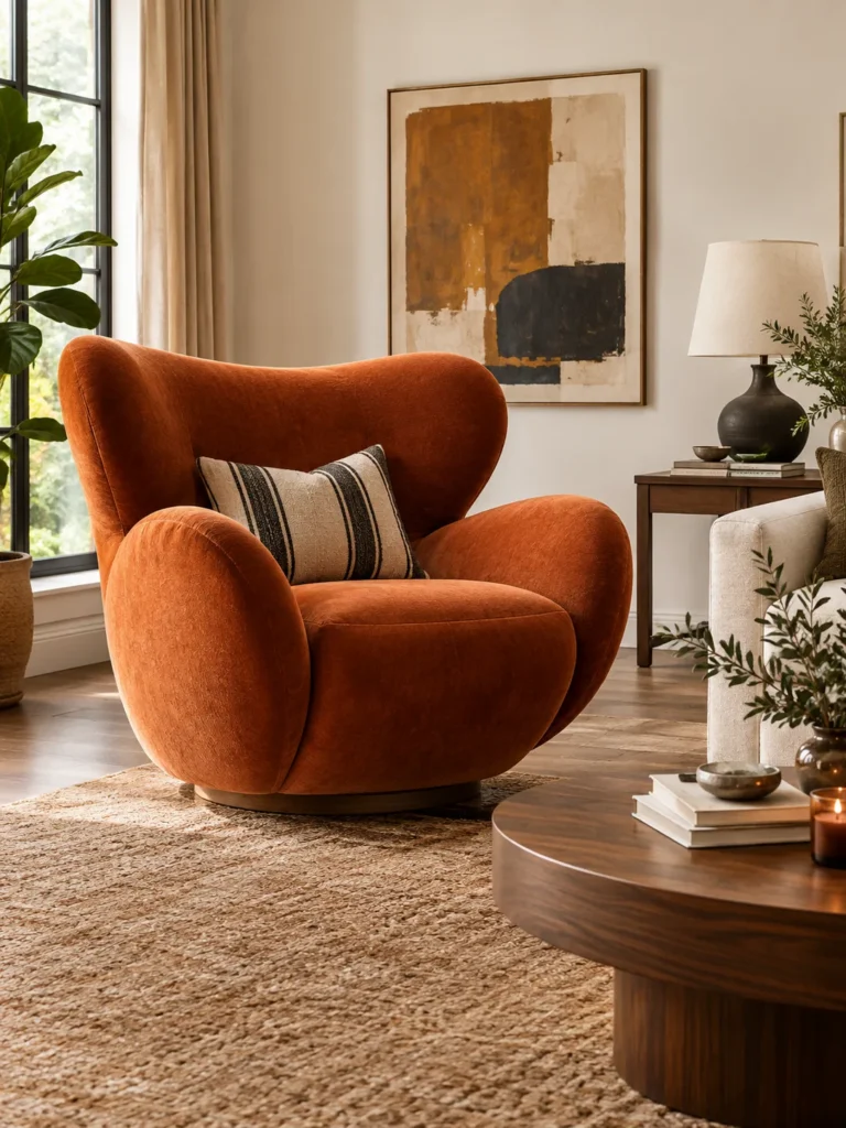 A single oversized or sculptural accent chair positioned as the clear focal point of a room