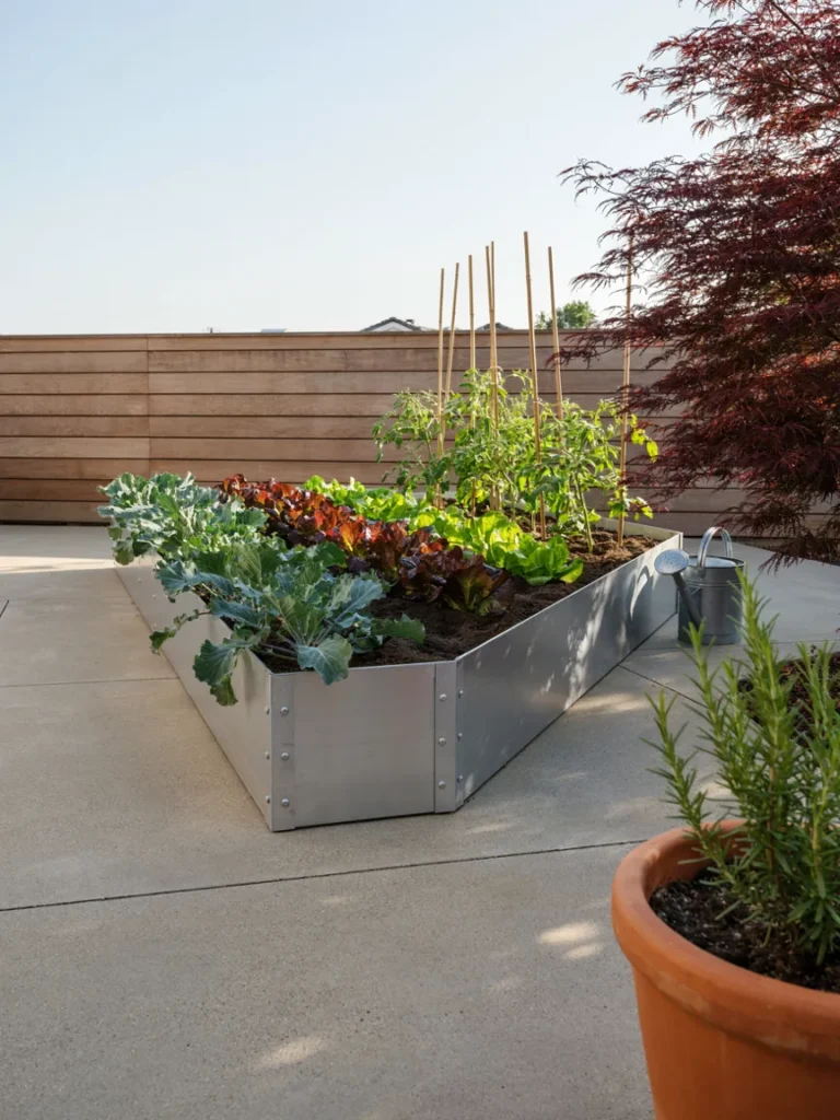 A sleek galvanized metal raised bed in a modern backyard garden, filled with neat rows of vegetables, clean lines and a contemporary look