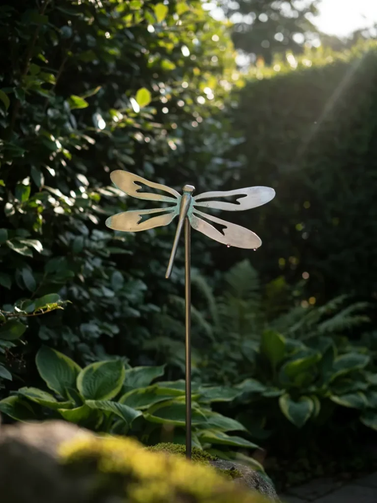 A sleek metal bird or dragonfly silhouette statue backlit against greenery, showing off its clean lines and slight patina.
