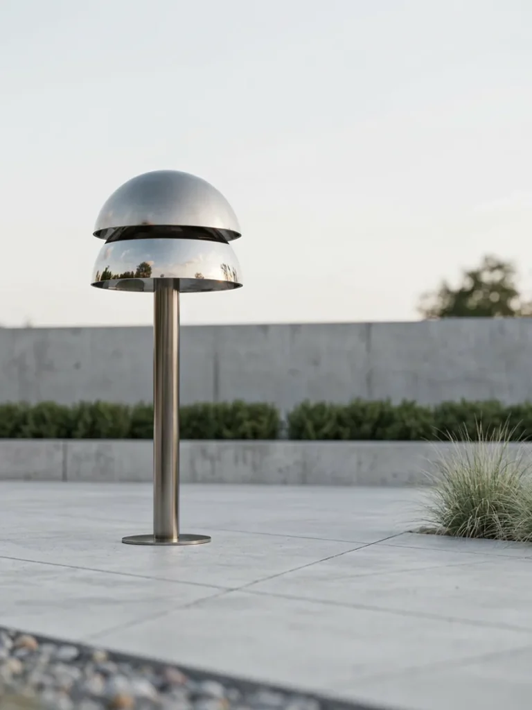A sleek stainless steel or copper mushroom sculpture with a smooth, reflective cap, positioned in a modern minimalist garden setting.