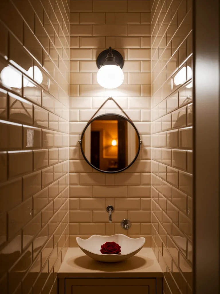 Warm lighting and large mirror making a small apartment bathroom look bigger.