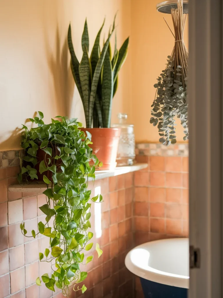 Pothos, snake plant, and eucalyptus in a small apartment bathroom decor setup.