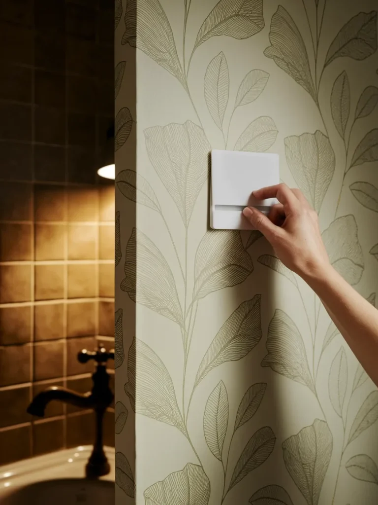 Peel and stick wallpaper accent wall in a rental apartment bathroom.