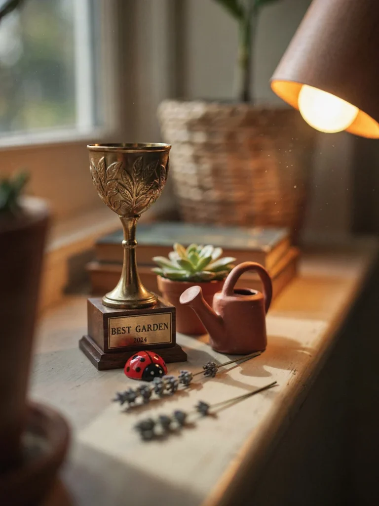 A small engraved gardening trophy or award displayed on a shelf beside a few miniature garden themed ornaments like a tiny watering can and terra cotta pot, warm indoor lighting.]