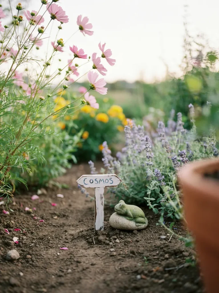 A small hand painted wooden plant marker and a stone garden ornament tucked among flowering plants