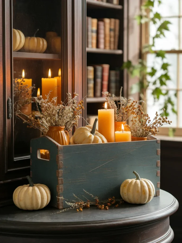 A small labeled storage bin filled with seasonal decor items like candles and small vases, next to a styled cabinet, showing the rotation system in action.