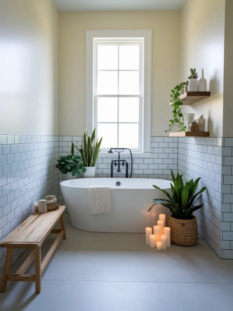 Large bathroom with freestanding tub, candles, and plants in witchy style.