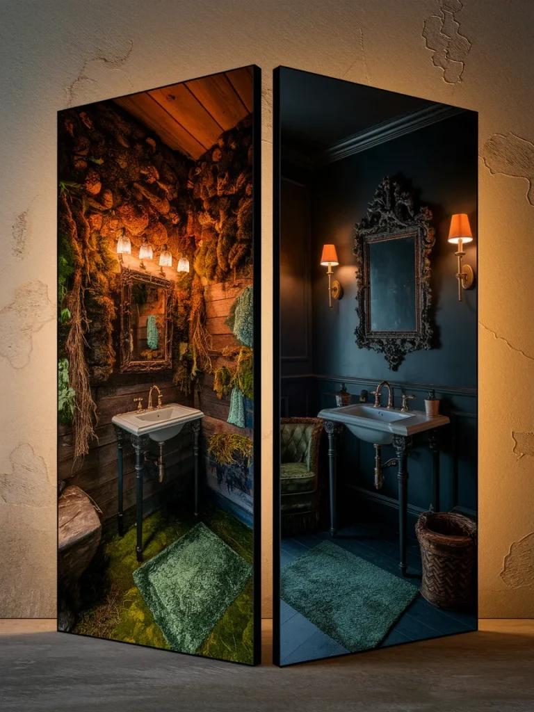 Side by side comparison of witchy bathroom decor and gothic bathroom decor.