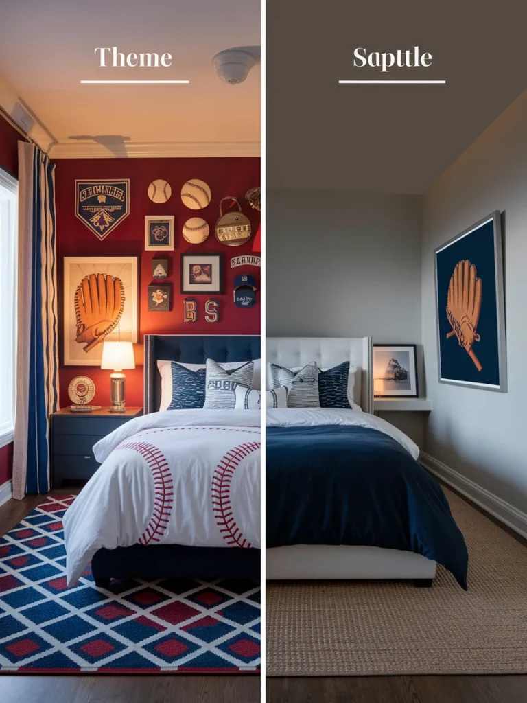 Side by side comparison of a themed baseball bedroom and a subtle sports style bedroom.