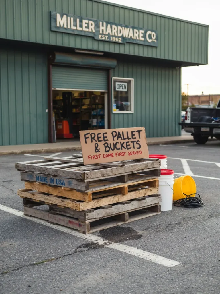 A stack of free wooden pallets and a few five gallon buckets sitting outside a hardware store, ready to be picked up
