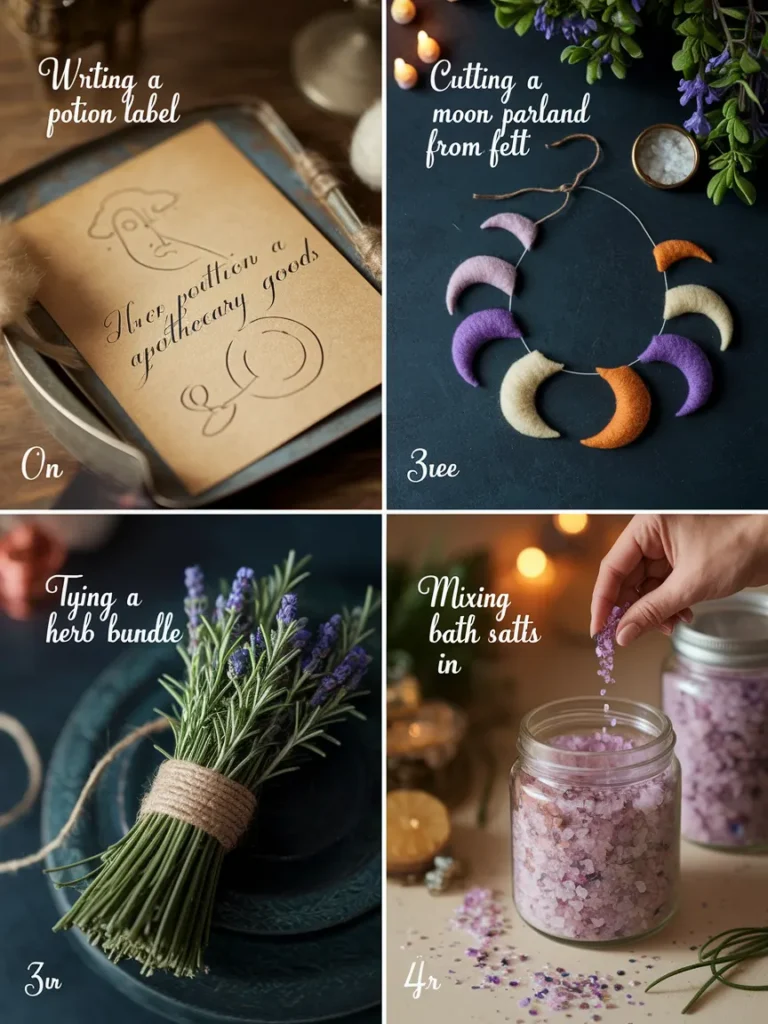 Four easy DIY witch bathroom decor projects including labels, garland, herbs, and bath salts.