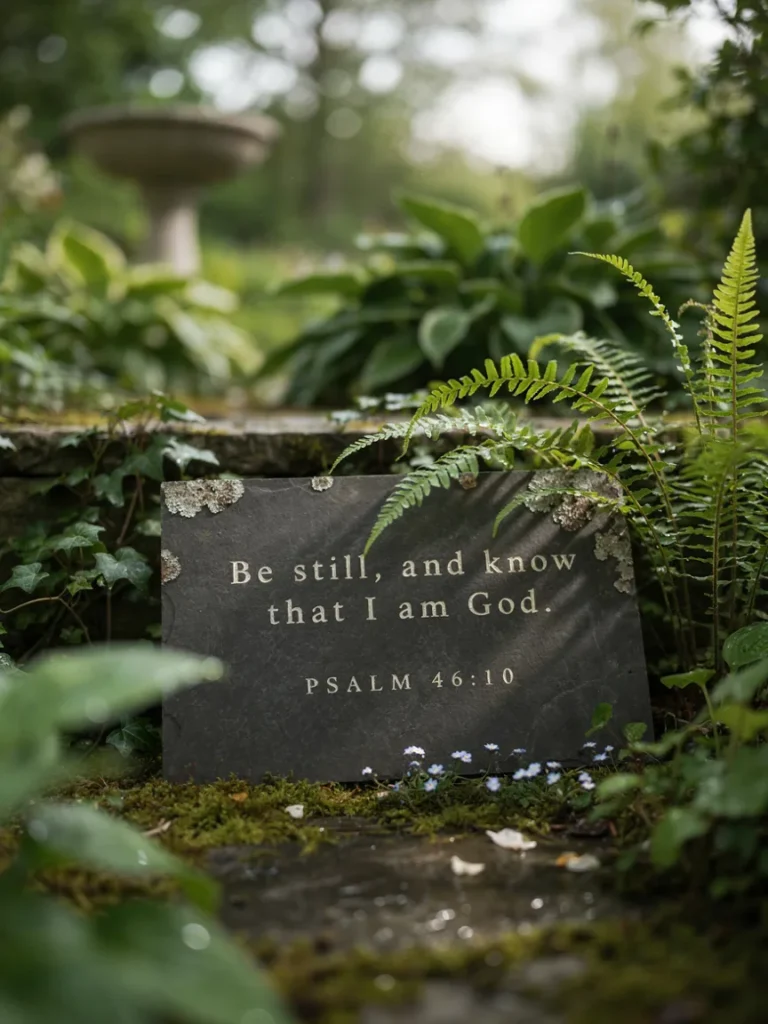A stone garden marker or plaque engraved with a short scripture verse, placed among greenery in a quiet, reflective garden corner.